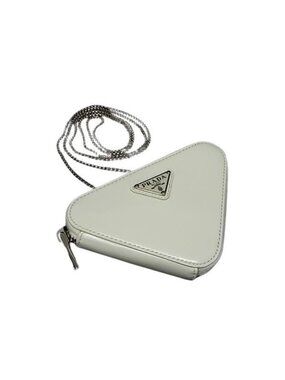 Prada Shoulder Bag Triangle Logo Ivory Leather Chain Pouch Silver